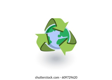 recycle arrows and earth isometric flat icon. 3d vector colorful illustration. Pictogram isolated on white background