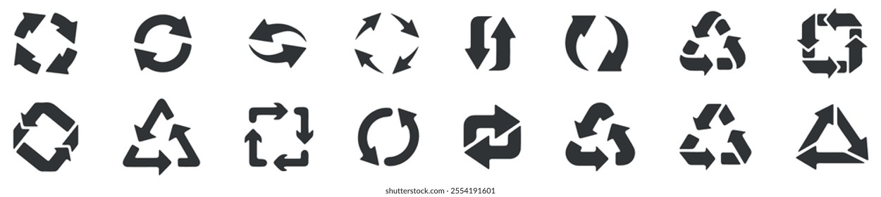 Recycle arrows. Garbage circular, triangle and square recycling icons, eco protection elements and recycled eco sign vector isolated icons set. Waste disposal alternative. Sustainable resource use