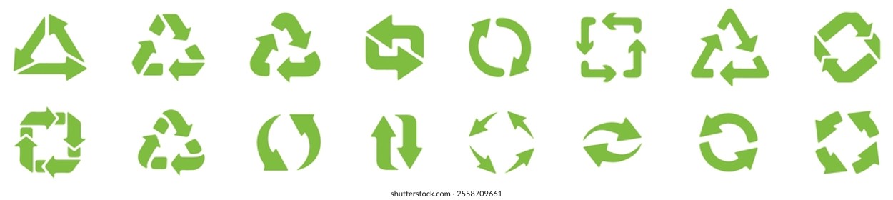 Recycle arrows. Garbage circular, triangle and square recycling icons, eco protection elements and recycled eco sign vector isolated icons set. Waste disposal alternative. Sustainable resource use