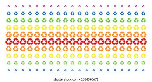 Recycle Arrows icon rainbow colored halftone pattern. Vector symbols arranged into halftone grid with vertical spectrum gradient. Constructed for backgrounds, covers,