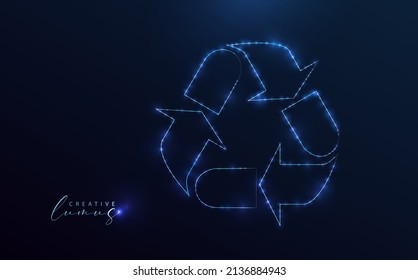 Recycle arrows icon starry. Stylized symbol on blue background. Silhouette with starlight in the universe. Eco symbol, holographic style.	