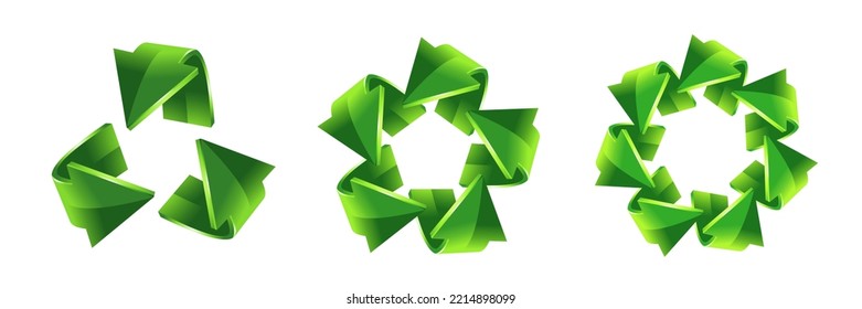 Recycle arrows icons. Set of  3d green ecology logo. Vector illustration