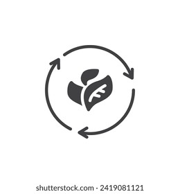 Recycle arrows and leaf vector icon. filled flat sign for mobile concept and web design. Circular Economy glyph icon. Symbol, logo illustration. Vector graphics