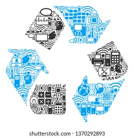 Recycle Arrows mosaic icon organized for bigdata and computing illustrations. Vector recycle arrows mosaics are organized from computer, calculator, connections, wi-fi, network,