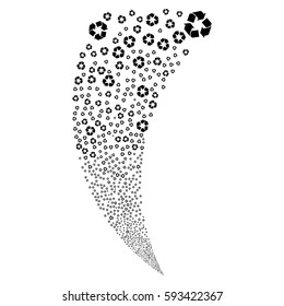 Recycle Arrows random fireworks stream. Vector illustration style is flat black iconic symbols on a white background. Object fountain done from scattered icons.