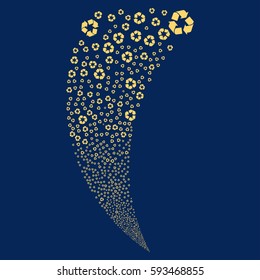 Recycle Arrows random fireworks stream. Vector illustration style is flat yellow iconic symbols on a blue background. Object fountain made from scattered symbols.
