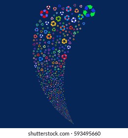Recycle Arrows random fireworks stream. Vector illustration style is flat bright multicolored iconic symbols on a blue background. Object fountain combined from scattered pictographs.