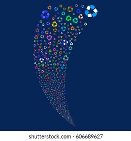 Recycle Arrows random fireworks stream. Vector illustration style is flat bright multicolored iconic symbols on a blue background. Object fountain created from scattered design elements.