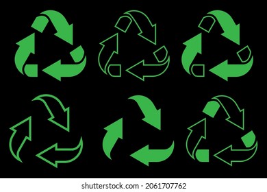 Juego de flechas de reciclaje. Fondo negro. Símbolos triangulares verdes. Logo ecológico. Salvemos a la naturaleza. Ilustración vectorial. Imagen de archivo. 