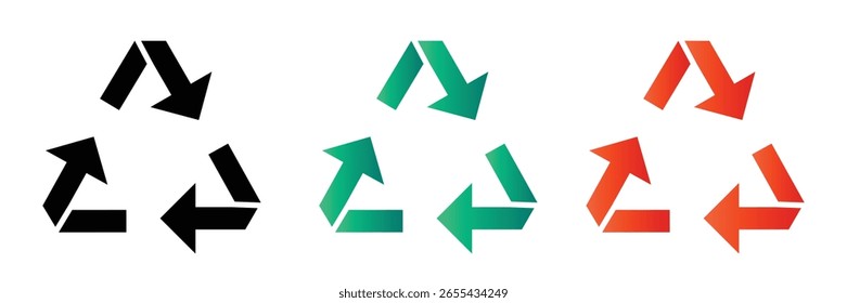  Recycle Pfeile Dreieck Symbol in schwarz grün rot Farbe für Öko-Umwelt Wiederverwendung Nachhaltigkeit Schleife Prozess Vektor Illustration Pack gesetzt.