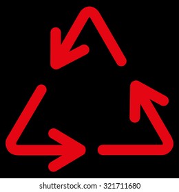 Recycle Arrows vector icon. Style is flat symbol, red color, rounded angles, black background.