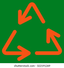 Recycle Arrows vector icon. Style is flat symbol, orange color, rounded angles, green background.