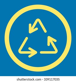 Recycle Arrows vector icon. Style is flat rounded symbol, yellow color, rounded angles, blue background.