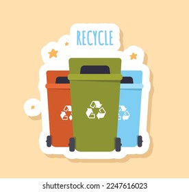Recycle badge concept. Multicolored garbage containers for waste sorting and reuse. Zero waste, care for nature and environment. Graphic element for website. Cartoon flat vector illustration