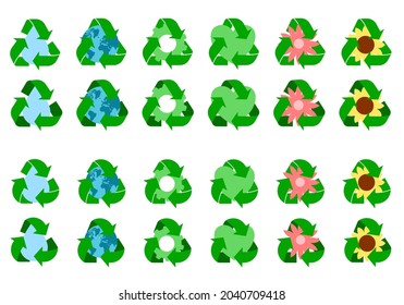 Recycle badge set with different basic recycle labels. Colorful concept. Water drop, planet earth, cogwhel, heart, pink flower and sunflower icons. 