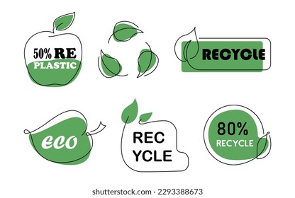 Recycle badges with apple, leaf. Green emblem re plastic