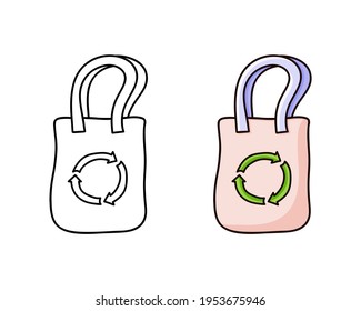 Icono del doodle de la bolsa de reciclaje. Versión lineal y en color. Dibujo mano simple ilustración. Contorno pictograma vectorial aislado sobre fondo blanco