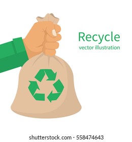 Recycle bag hold hand man. Vector illustration flat design. Isolated on white background. Recycling concept. Environment protection.
