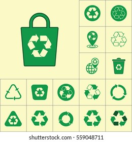 Recycle Bag Icon On Yellow Background, Recycling Set