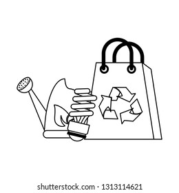 recycle bag with water can and saving bulb in black and white