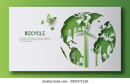Recycle banner design, earth, windmill, and a city, save the planet and energy concept, paper illustration, and 3d paper.