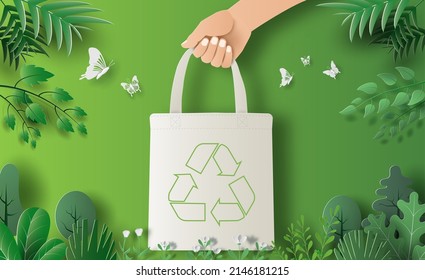 Reciclar el diseño de pancartas, sostener la mano la bolsa ecológica, salvar el planeta y el concepto de energía, ilustración de papel.