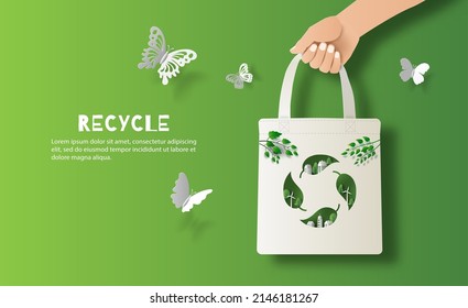 Reciclar el diseño de pancartas, sostener la mano la bolsa ecológica, salvar el planeta y el concepto de energía, ilustración de papel.