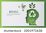 Recycle banner design, a man with a green city and recycle sign inside his head, think green, save the planet and energy concept, paper illustration, and 3d paper.