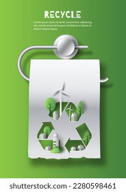 Recycle banner design with many building and green leaves, save the planet and energy concept, paper illustration, and 3d paper.