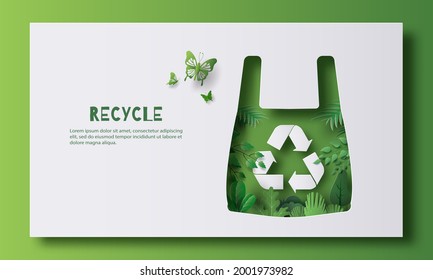 Recycle banner design, a plastic bag with recycle sign and many plants inside, save the planet and energy concept, paper illustration, and 3d paper.