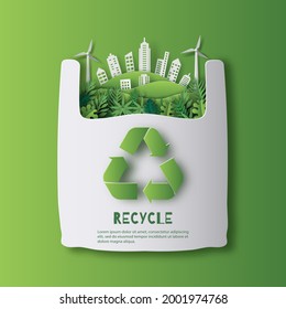 Recycle banner design, a plastic bag with a green city inside, think green, save the planet and energy concept, paper illustration, and 3d paper.