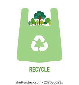 Recycle banner design, a plastic bag with recycle sign and many trees inside, save the planet and energy concept.