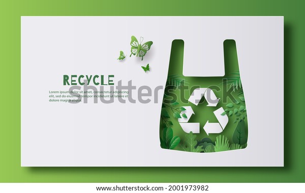 Recycle banner design, a plastic bag with\
recycle sign and many plants inside, save the planet and energy\
concept, paper illustration, and 3d\
paper.