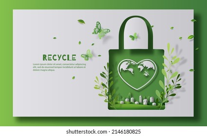 Recycle banner design, reusable shopping bag with heart earth logo, save the planet and energy concept, paper illustration.