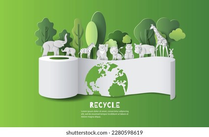 Recycle banner design, tissue paper roll with wild forest animals, save the planet and energy concept, paper illustration, and 3d paper.