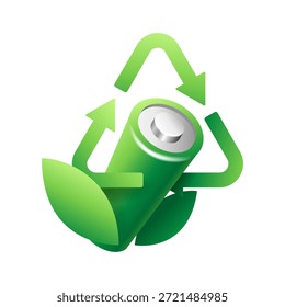 Batería de reciclaje - icono pegadizo en diseño de estilo realista 3D. Protección del medio ambiente. Ilustración vectorial