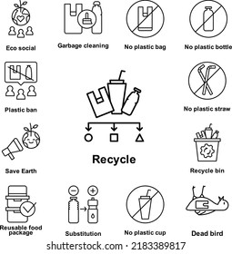 Reciclar, papelera, icono de botella en una colección con otros artículos
