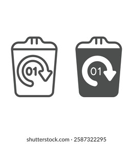 Recycle bin with circular arrow line and solid icon, data storagei concept. Vector graphics. Trash bin with timer sign on white background, outline style icon for mobile or web design