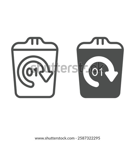 Recycle bin with circular arrow line and solid icon, data storagei concept. Vector graphics. Trash bin with timer sign on white background, outline style icon for mobile or web design