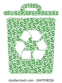Recycle Bin collage of dollars. Vector dollar currency icons are grouped into recycle bin collage.