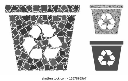 Recycle bin composition of raggy pieces in different sizes and color hues, based on recycle bin icon. Vector unequal pieces are composed into collage. Recycle bin icons collage with dotted pattern.