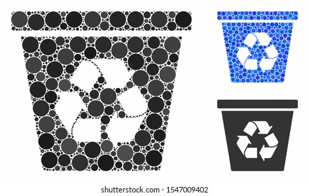 Recycle bin composition of round dots in variable sizes and color hues, based on recycle bin icon. Vector round dots are composed into blue illustration.