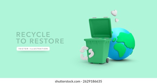 Recycle Bin With Earth Globe and Heart Icons on Green Background, Eco-Friendly 3D Concept for Sustainability and Environment Protection. Vector Illustration.