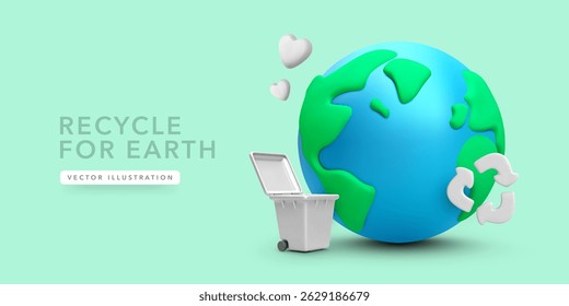 Recycle Bin and Earth Globe with Heart Symbols and Eco Arrows in a 3D Environment for Earth Day, Sustainability, and Green Campaigns. Perfect for Eco Projects. Vector Illustration.