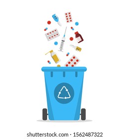 Recycle bin for the expired drugs vector isolated. Separate your garbage concept. Medicine material, rubbish falling in trash box.