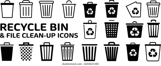 Recycle bin and file clean up icons isolated on white background