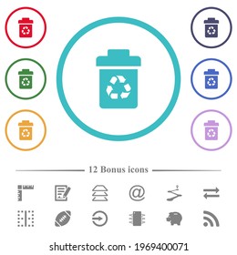 Recycle bin flat color icons in circle shape outlines. 12 bonus icons included.