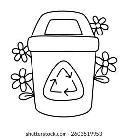 recycle bin with flower doodle outline on white background