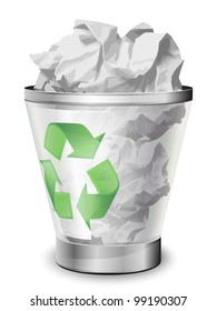 Recycle Bin Full Of Crumpled Paper. Vector Icon