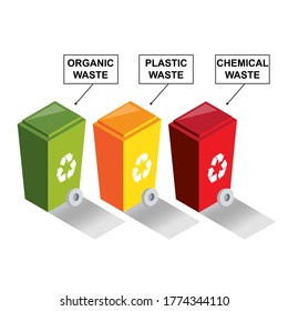 Recycle Bin in Green Yellow and Red Color for Separate Plastic Chemical and Organic Waste